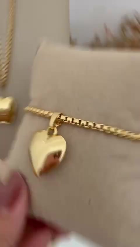 KIT Colar +Pulseira Feminino com pingente de coração liso - Elo português 45cm 6mm