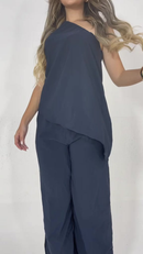 Conjunto Nula Manga Caimento Assimétrico Crepe Pantalona Ombro Só Alfaitaria Natal