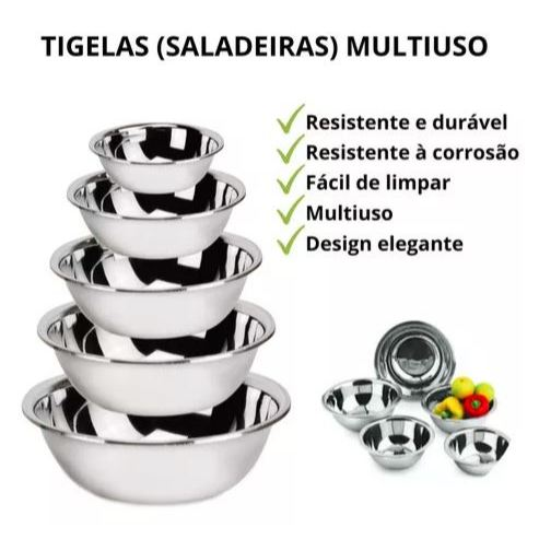 Kit 5 Saladeira Tigela Bowl Inox Vasilha Bacia