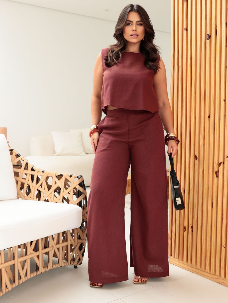 Conjunto Alfaiataria Social Feminino Calça e Blusa Em Linho