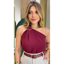 Blusa Feminina Decote de Um Obro Só Manga Mula Manca Com Fivela Orgânica Elegante Casual , Básica Verão.