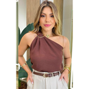 Blusa Feminina Decote de Um Obro Só Manga Mula Manca Com Fivela Orgânica Elegante Casual , Básica Verão.