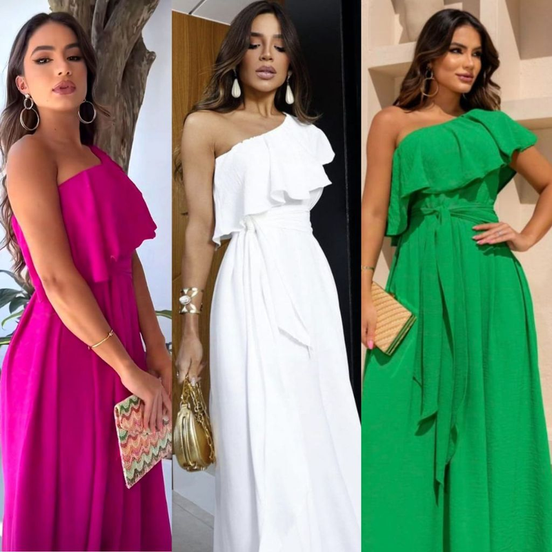 Vestido Longo Feminino Soltinho Nula Manga de Festa Elegante Babado Mula Manca