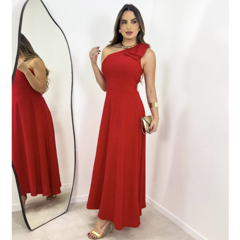 VESTIDO LAÇO UM OMBRO SÓ MIDI FEMININO SOLTINHO FESTA MULA MANCA NULA MANGA CONVIDADA CASAMENTO CIVIL