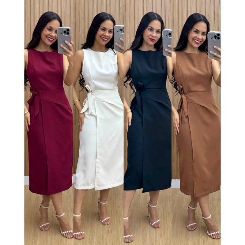 Vestido Feminino Alfaiataria Midi com Amarração Lateral Elegante | PMG