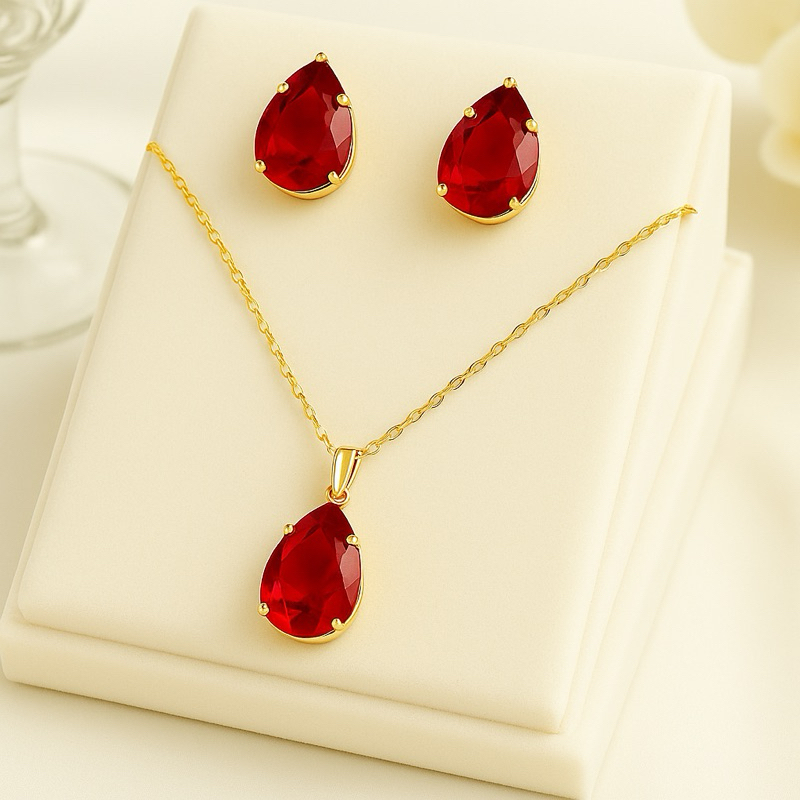 Conjunto de colar e brinco gota folheado várias cores