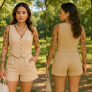 Conjunto Feminino Social em Alfaiataria – Colete e Shorts, Elegante para Trabalho ou Passeio