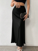 Saia Midi Cetim Longa Elegante Feminina Luxo Festa Brilhosa Cintura Alta Moda 2025