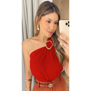 Blusa Feminina Decote de Um Obro Só Manga Mula Manca Com Fivela Orgânica Elegante Casual , Básica Verão.