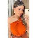 Blusa Feminina Decote de Um Ombro Só Manga Mula Manca Com Fivela Orgânica Elegante         Casual , Básica Verão.