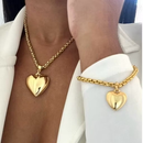 KIT Colar +Pulseira Feminino com pingente de coração liso - Elo português 45cm 6mm