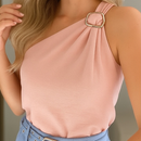 Blusa Feminina Decote de Um Ombro Só Manga Mula Manca Com Fivela Orgânica Elegante         Casual , Básica Verão.