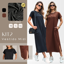 Kit C/ 2 Vestidos Midi Gola Redonda Manga Curta Fenda Lateral e Bolso Externo