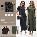 Kit C/ 2 Vestidos Midi Gola Redonda Manga Curta Fenda Lateral e Bolso Externo M ao GG Black Friday