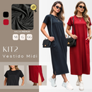 Kit C/ 2 Vestidos Midi Gola Redonda Manga Curta Fenda Lateral e Bolso Externo M ao GG Black Friday