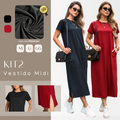 Kit C/ 2 Vestidos Midi Gola Redonda Manga Curta Fenda Lateral e Bolso Externo