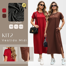Kit C/ 2 Vestidos Midi Gola Redonda Manga Curta Fenda Lateral e Bolso Externo M ao GG Black Friday