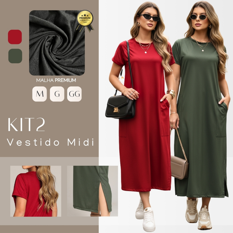Kit C/ 2 Vestidos Midi Gola Redonda Manga Curta Fenda Lateral e Bolso Externo M ao GG Black Friday