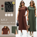 Kit C/ 2 Vestidos Midi Gola Redonda Manga Curta Fenda Lateral e Bolso Externo