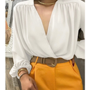 Blusa Feminina Manga Longa Decotada Transpassada Corte V Elegante no Punho e Cintura.